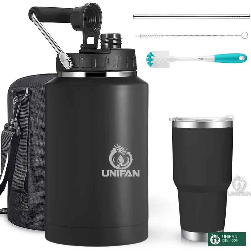 UNIFAN Sports Water Bottle 128 Oz/One Gallon Vacuum Insulated 304 Stainless Steel Double Walled Beer Growler with Thermo Mug