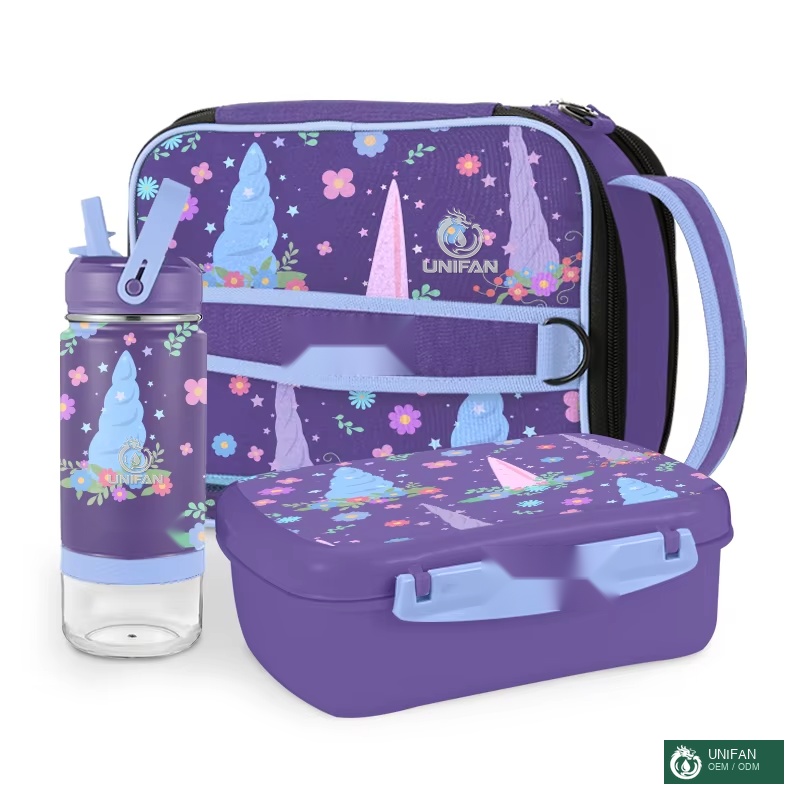 UNIFAN New Cute Design Insulation Plastic Kids Lunch Box With Stainless Steel Kids Water Bottle for Set Custom Color Logo