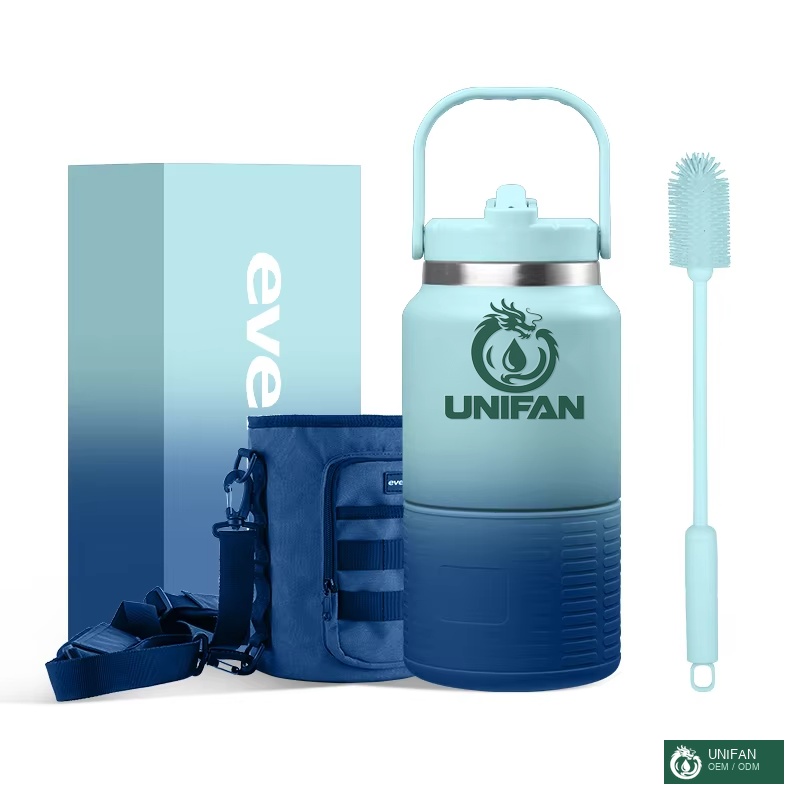 UNIFAN 64 oz Insulated Water Bottle Jug with Straw and Handle Half Gallon Stainless Steel Water Flask Large Sports Metal