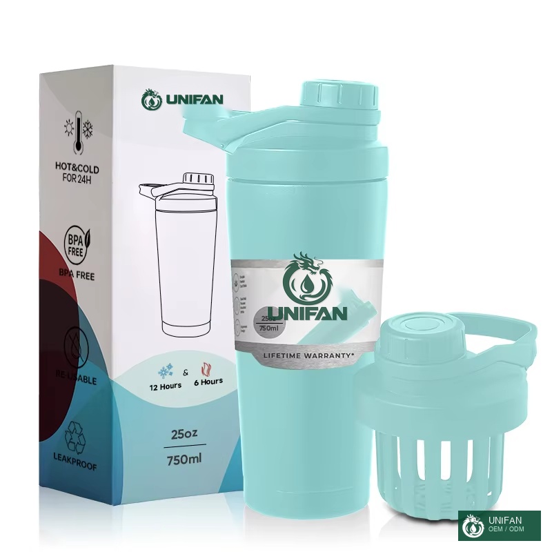 UNIFAN Double Wall Insulated Shaker Bottle Stainless Steel Vaccum Water Bottle 18oz 20oz 25oz Durable Protein Shaker Cup
