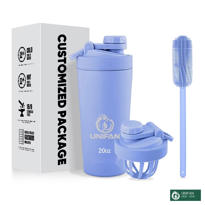UNIFAN New Design 600ml Gym Double Wall Vacuum Insulated Stainless Steel Fitness Protein Shaker Bottles