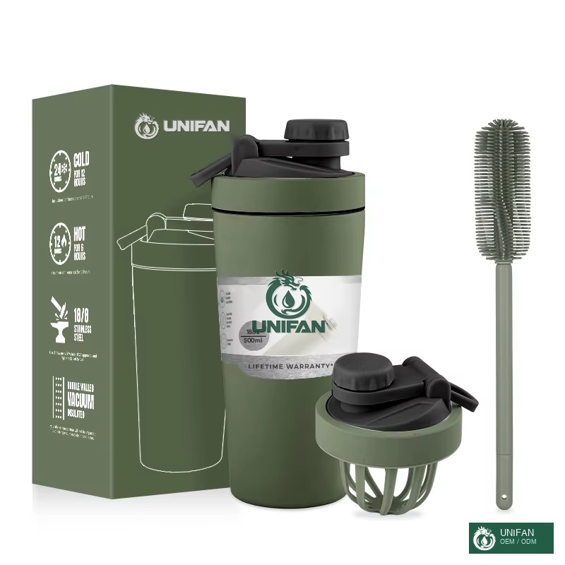 UNIFAN 20oz Insulated Vacuum Protein Shaker Bottle 304 Stainless Steel Double Wall Shaker Bottle Support Custom With Lid