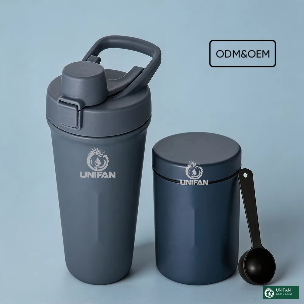 UNIFAN 26oz Custom logo Insulated Stainless Steel Double Wall Vacuum Shaker Bottle and Protein Powder Box Storage Container Gym Durable