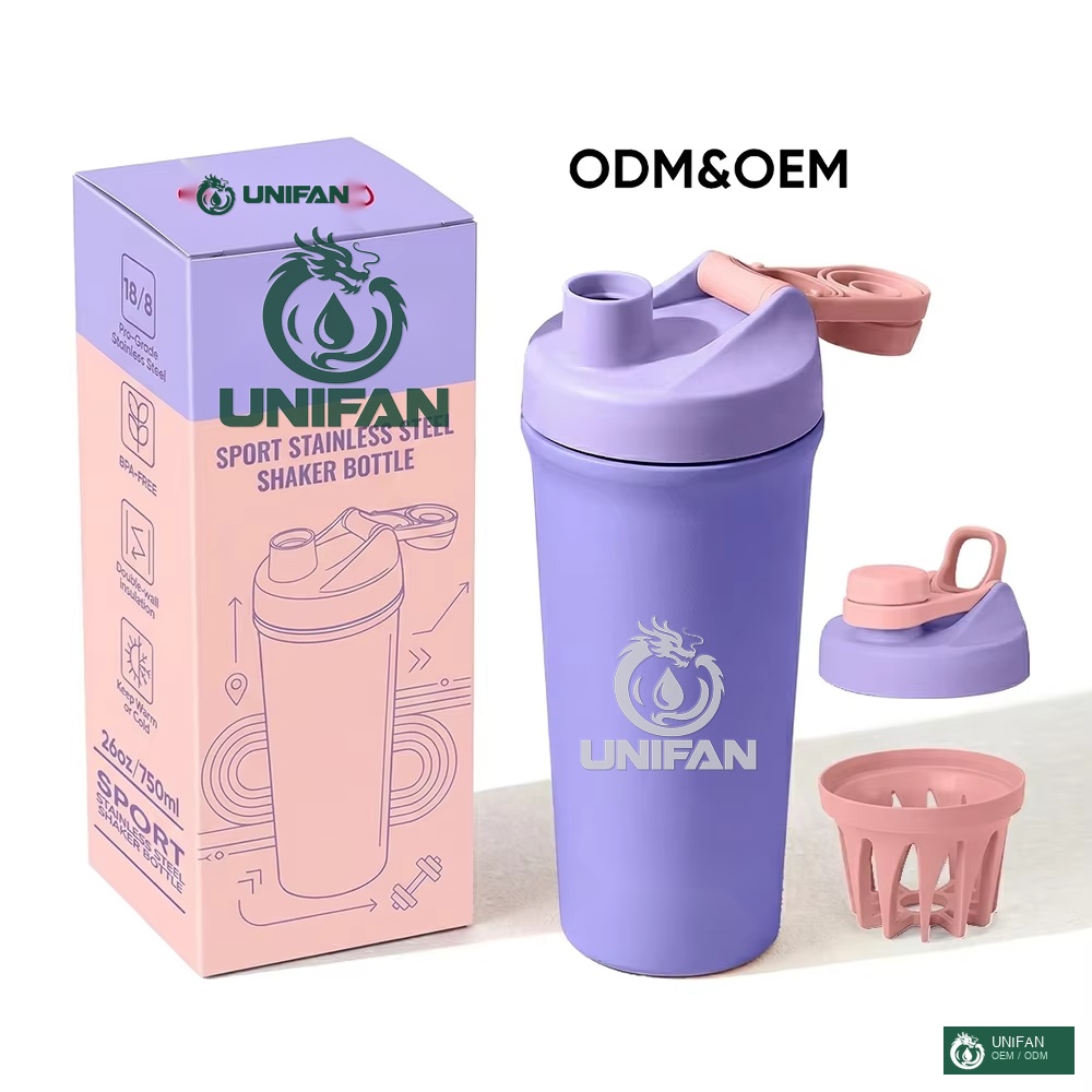 UNIFAN Gym Shaker Bottle 600ml Double Wall Vacuum Insulated Stainless Steel Fitness Protein Shaker Bottles