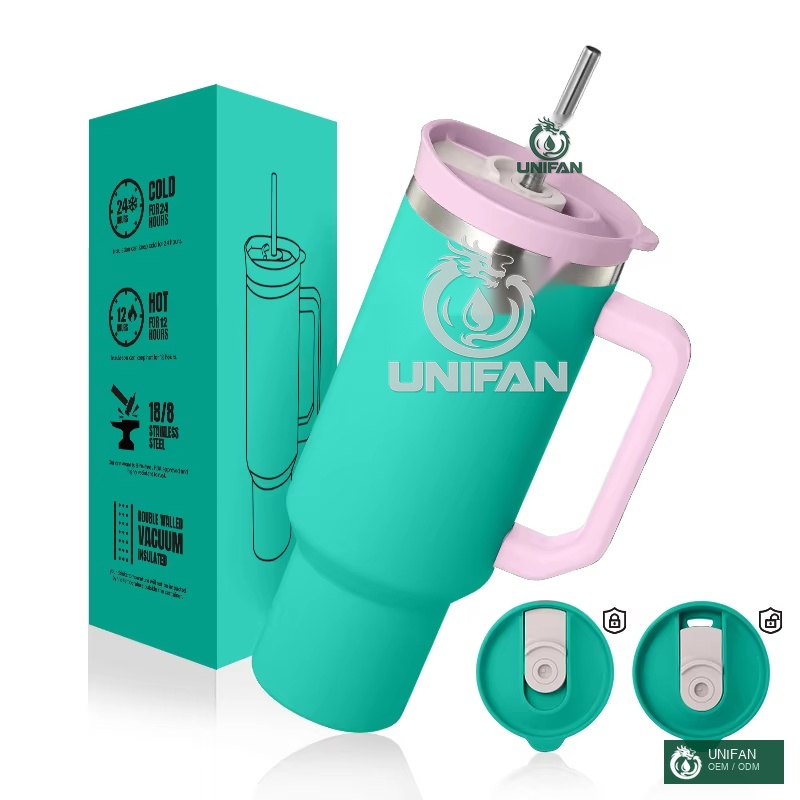 UNIFAN 40oz Tumbler With Lid Straw With Handle Double Wall Insulated Vacuum Adventure Travel Mug Powder Coated Custom Logo Color