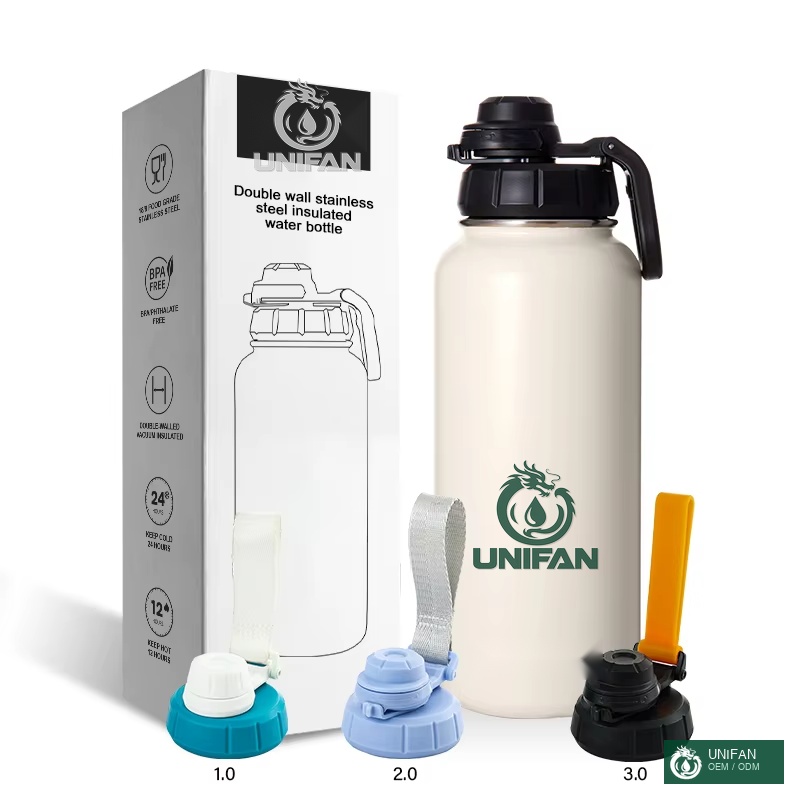 UNIFAN Double Wall Metal Insulated 304 Stainless Steel Water Bottle with Upgrade Lid New Function