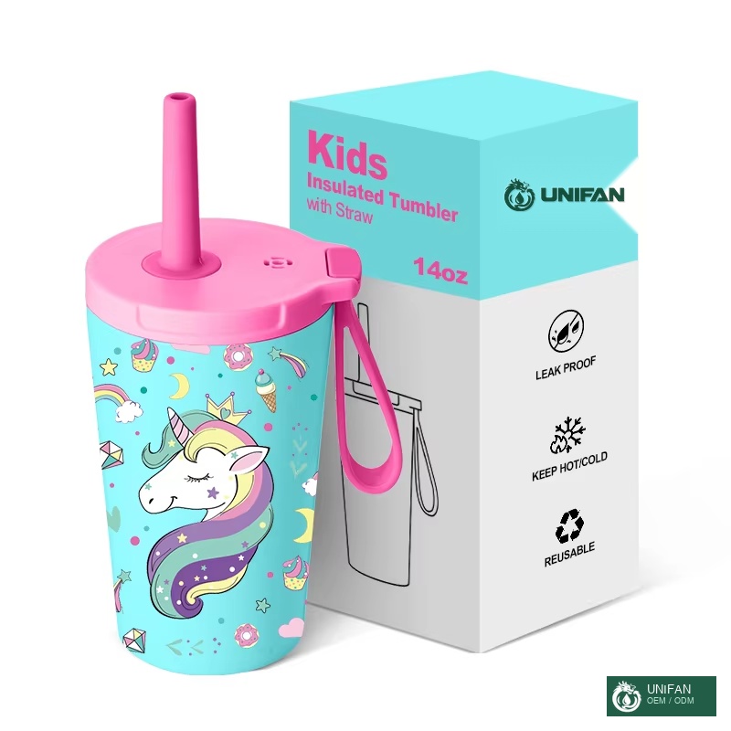 UNIFAN Insulated Tumbler 14oz for Kids Tumbler with Straw Vacuum Stainless Steel Tumbler Water Bottles Leakproof Easy Clean
