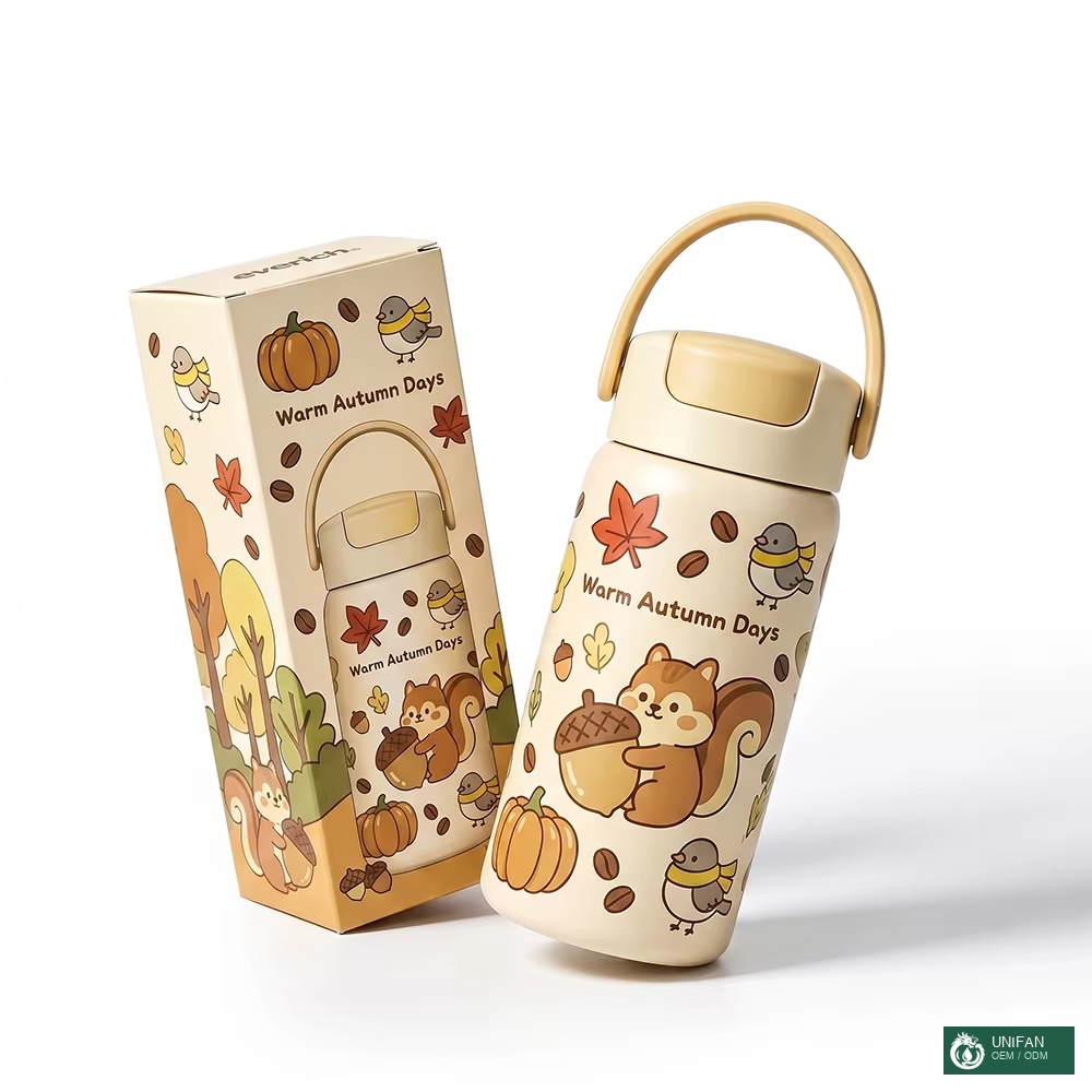UNIFAN Insulated Straw Water Bottle 350ml - Stainless Steel Vacuum Flask for Kids & Adults with Cute Patterns