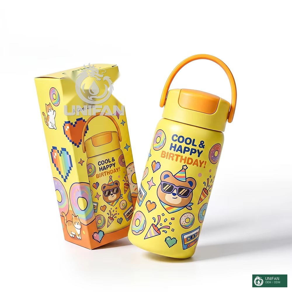 UNIFAN Custom 3D Cute Printing Children Stainless Steel Water Bottle Keep Hot and Cold Insulated Kids Water Bottle