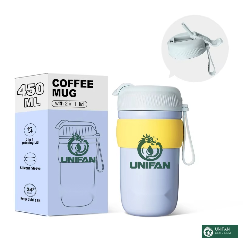 UNIFAN 450ml Stainless Steel Coffee Cup with Dual Lid & Silicone Handle, Double-Walled Vacuum Insulated