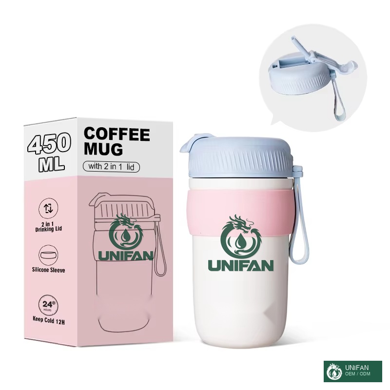 UNIFAN Custom 450ml Vacuum Insulated Coffee Tumbler with Dual Lid & Silicone Handle