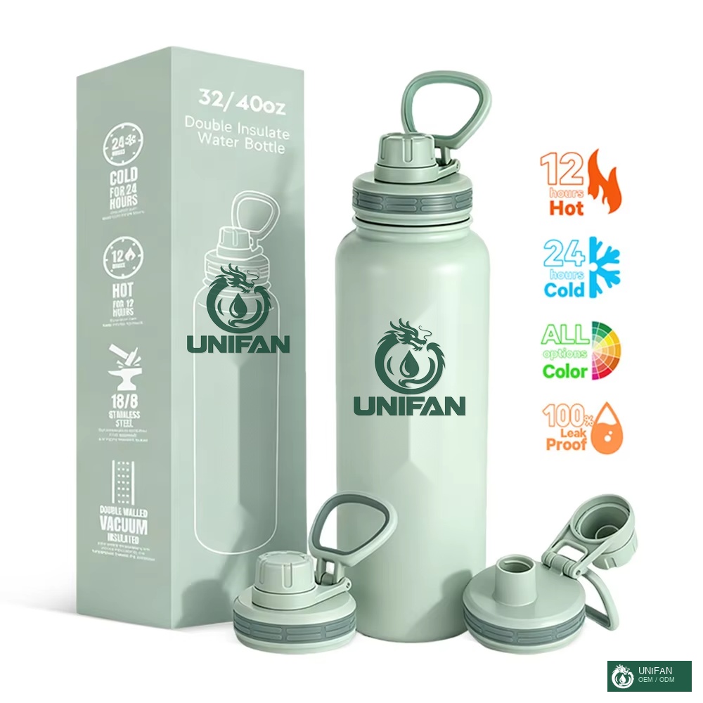 UNIFAN 24H Hot 12H Cold Stainless Steel Water Bottle 32oz 40oz, Double Wall Insulated, Wide Handle Leakproof Lid