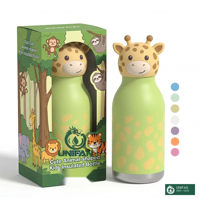 UNIFAN Personalized Animal-Themed Kids Water Bottle, 304 Insulated Stainless Steel, 24H Cold, Cute Design