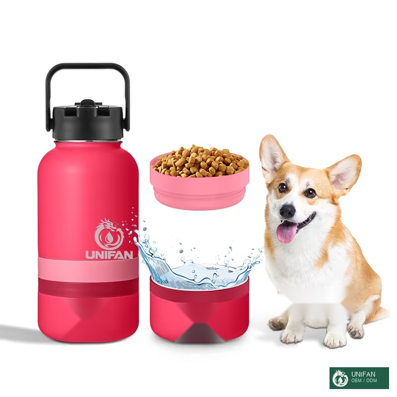 UNIFAN Custom 3 in 1 Portable 32oz Cute Dog Paw Pattern Multi-Function Pet Bottle for Outdoors with Detachable Feeders Dog Bottle