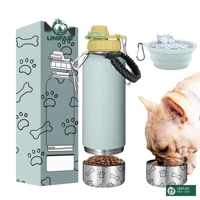 UNIFAN 2026 Custom 3 in 1 Portable 32oz Cute Dog Paw Pattern Multi-Function Pet Bottle for Outdoors with Detachable Feeders Dog Bottle