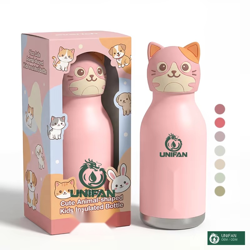 UNIFAN New2026 Custom BPA-Free Kids Insulated Bottle 450ml/16oz Double-Wall Vacuum Flask with Leakproof Lid and Adorable Animal Design