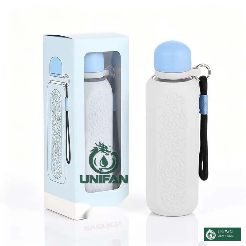 UNIFAN UNIFAN500ml Portable Glass Bottle Custom Lid Packing and Body with Silicone Insulated Cover and Handle 100% Leak-Proof