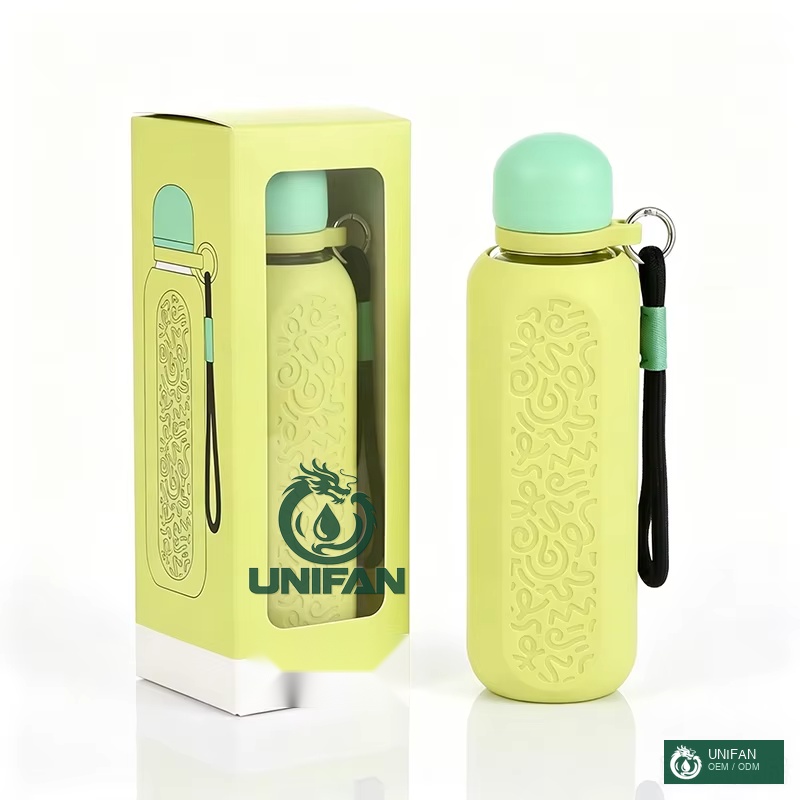 UNIFAN 500ml Portable Glass UNIFANBottle Custom Lid Packing and Body with Silicone Insulated Cover and Handle 100% Leak-Proof