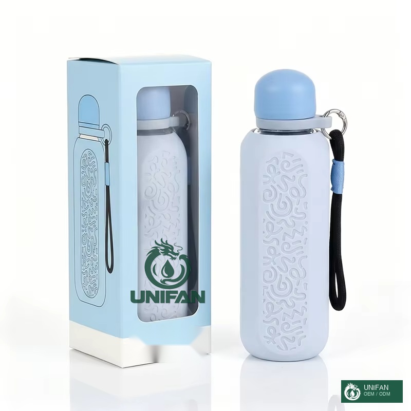 UNIFAN Glass Bottle UNIFAN500ml Portable Custom Lid Packing and Body with Silicone Insulated Cover and Handle 100% Leak-Proof