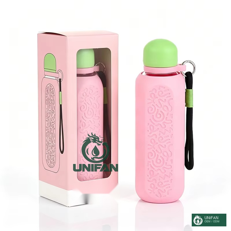 UNIFAN Portable Glass 500ml UNIFANBottle Custom Lid Packing and Body with Silicone Insulated Cover and Handle 100% Leak-Proof