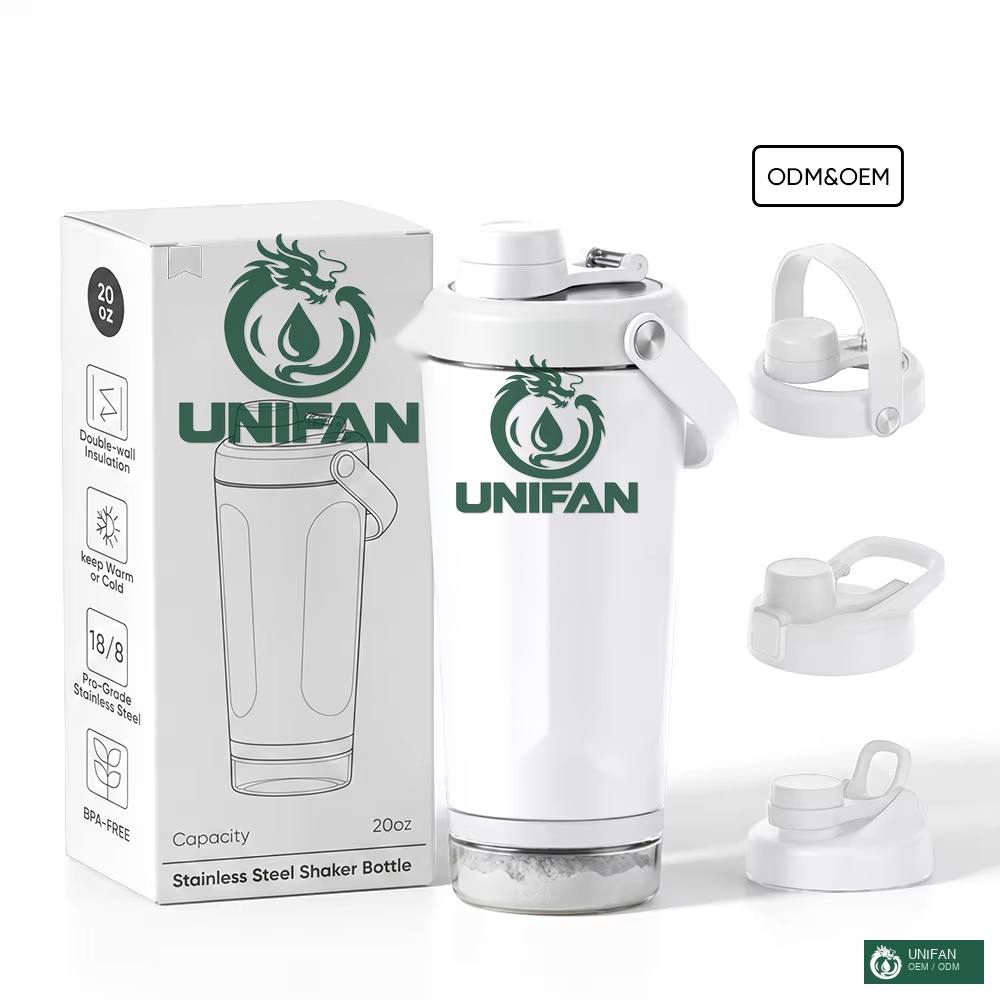 UNIFAN 20oz Custom Shaker Bottle with Easy Open Lock Lid Gym Double Wall Vacuum Insulated Stainless Steel Fitness Protein Shaker