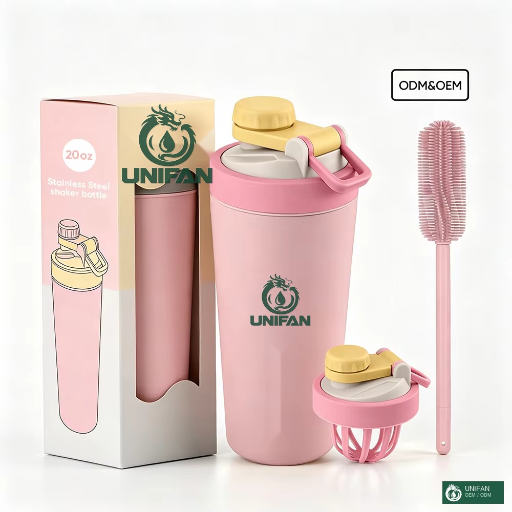 UNIFAN 20oz Eco-Friendly Portable Double Wall Vacuum Insulated Stainless Steel Shaker Bottle Leakproof Screw Lid for Sport
