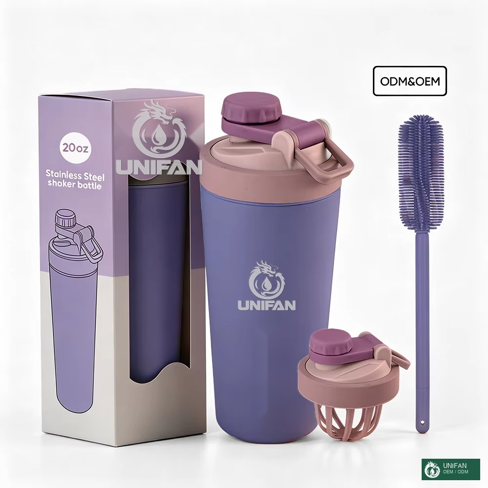 UNIFAN Custom Shaker Cup for Gym 20oz with Stationary Shaking Ball for Powder Double Wall Vacuum Insulated Bottle, for Fitness