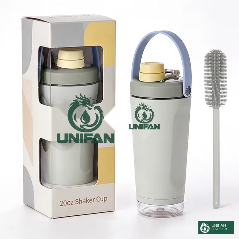 UNIFAN Tritan Lid and Base 20oz Shaker Bottle with Container and Lock Lid Double Wall Vacuum Insulated Stainless Steel for Fitness