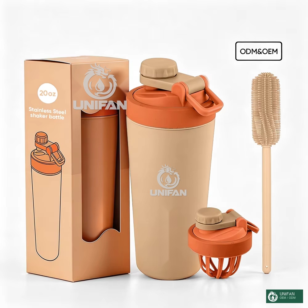 UNIFAN Double Wall Vacuum Insulated Custom Gym Shaker Bottle Cup 20oz with Stationary Shaking Ball for Powder Fitness