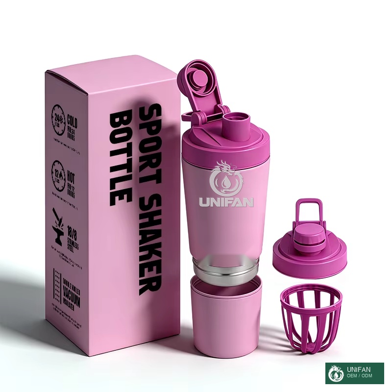 UNIFAN 2-in-1 Stainless Steel Shaker Bottle with Storage Compartment Dual Chamber Vacuum Insulated Protein Mixer Fitness Custom Logo