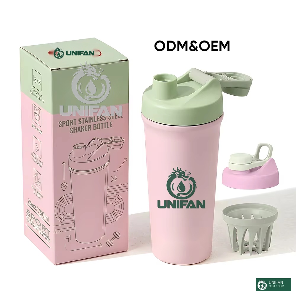 UNIFAN 2-in-1 Stainless Steel Shaker Bottle with Storage Compartment Leakproof Dual Chamber Vacuum Insulated Protein Mixer Gym Fitness