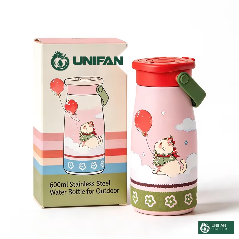 UNIFAN Double Wall Stainless Steel Kids Water Bottle with Dual Lid Food Grade Leakproof BPA Free Back to School Outdoor Sports Custom
