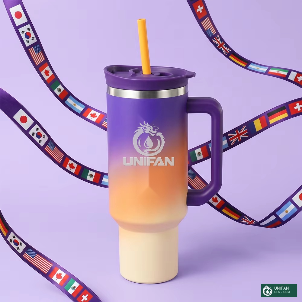 UNIFAN 40oz Insulated Tumbler with Handle Straw Lid Double Wall Stainless Steel Cartoon Print Leak Proof Travel Car Cup Outdoor Sports