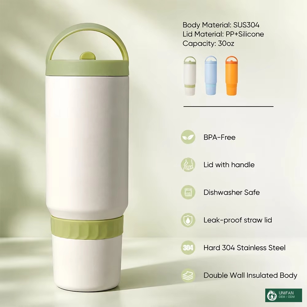 UNIFAN Custom 30oz Double Wall Stainless Steel Insulated Handle Tumbler With PP Lid and Non-Slip Silicone Grip Keeps Ice Cold & Dry