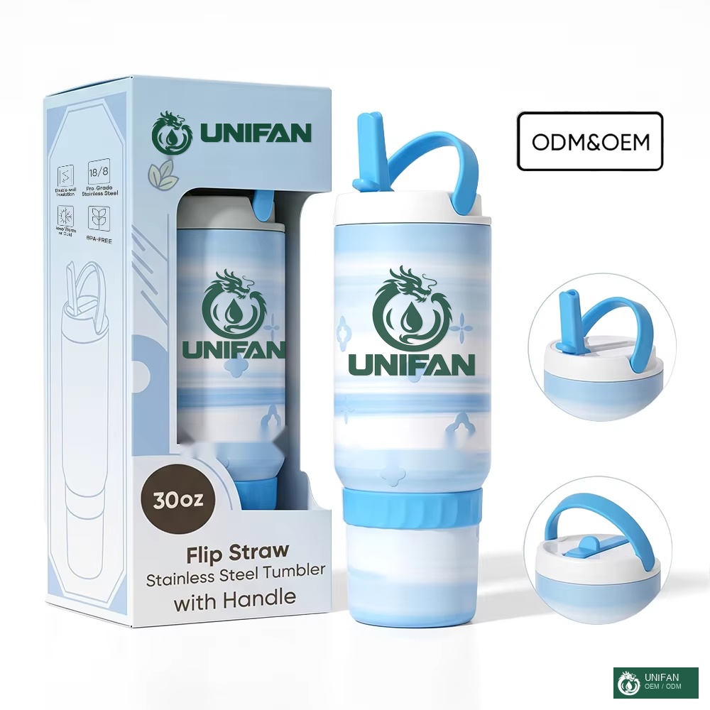 UNIFAN 30 oz Tumbler with Handle and Straw Stainless Steel Vacuum Insulated, Wide Mouth, Leakproof, Custom Cute Pattern, Sport Travel