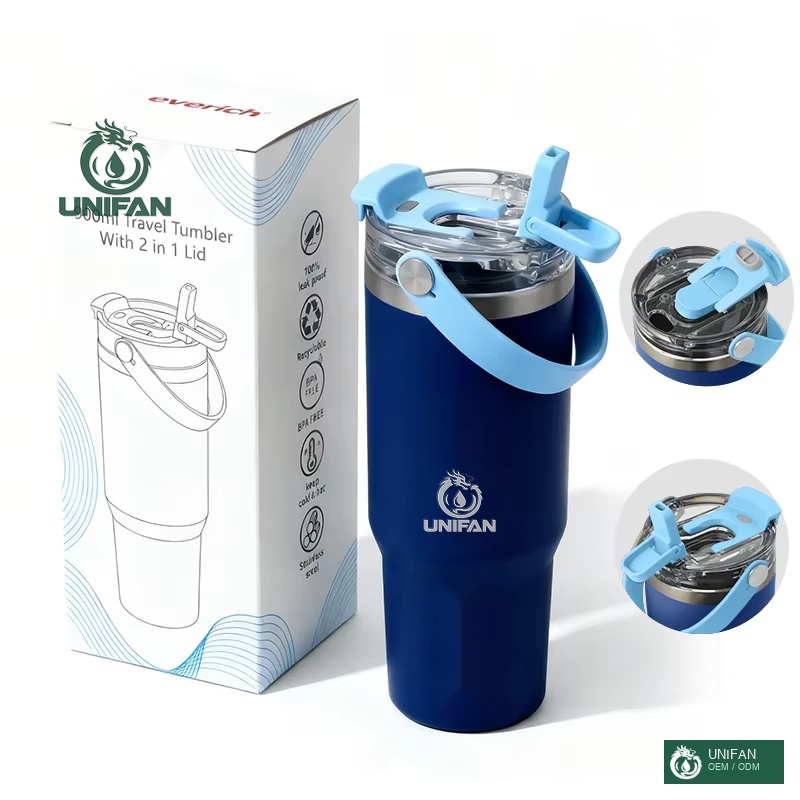 UNIFAN Vacuum Insulated Tumbler with 2 in 1 Lid Double Wall 304 Stainless Steel Two Way Drink Leakproof Custom Logo Travel Car Cup