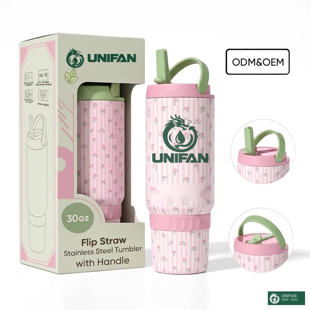 UNIFAN 30oz Insulated Tumbler with Handle Straw Lid Double Wall 304 Stainless Steel , Leakproof, Custom Logo, for Sport Gym Travel Car