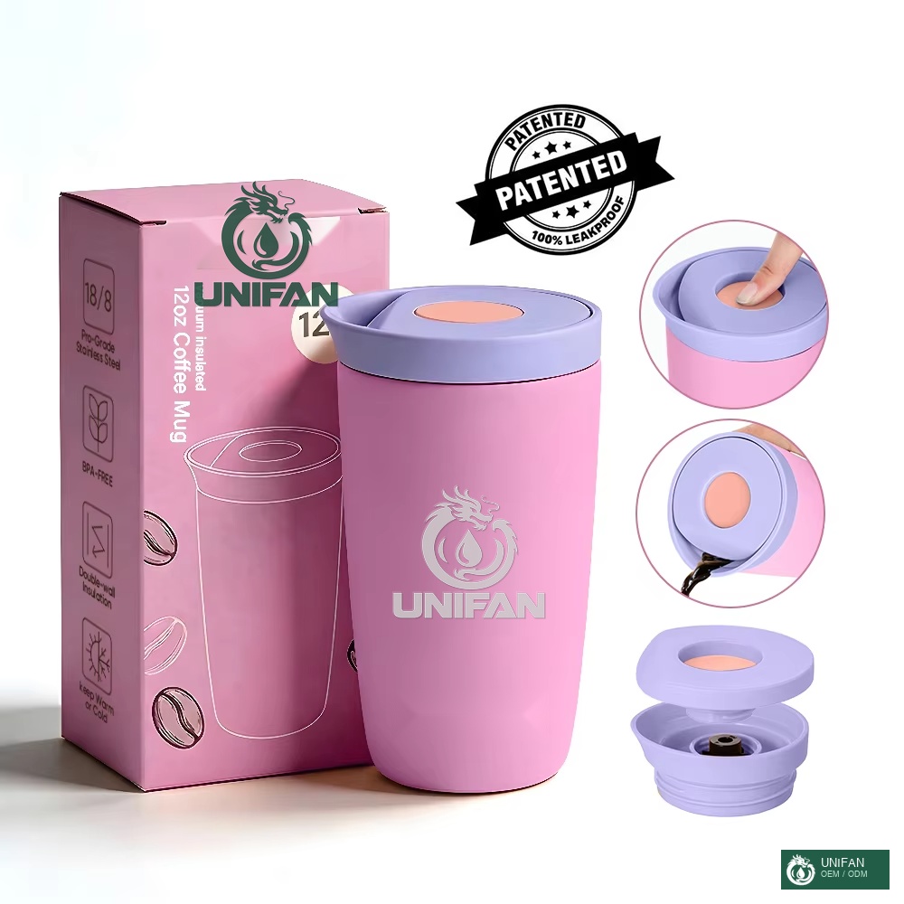 UNIFAN 12oz Vacuum Insulated Stainless Steel Coffee Cup with Press Lid Reusable Thermal Mug Double Wall BPA Free for Kids School Travel