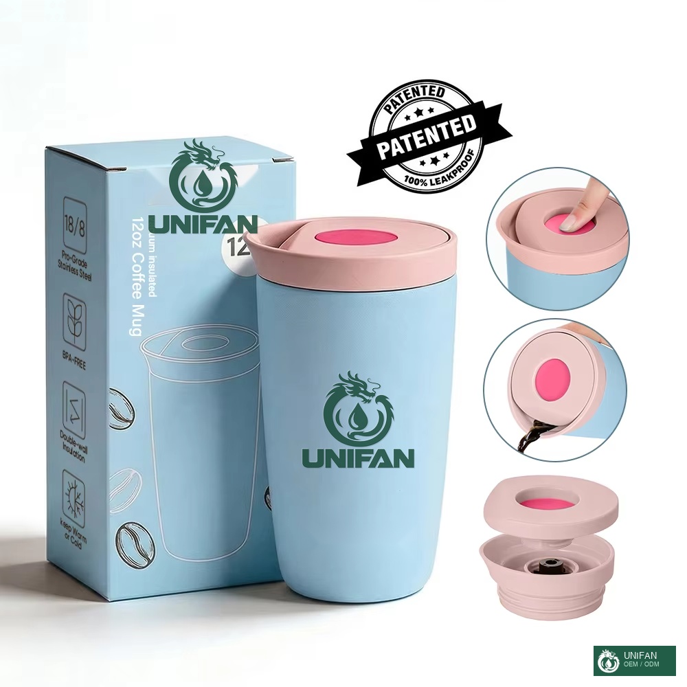 UNIFAN Leak Proof 12oz Vacuum Insulated Stainless Steel Coffee Cup with Press Lid BPA Free, Keeps Hot & Cold for Kids School Travel