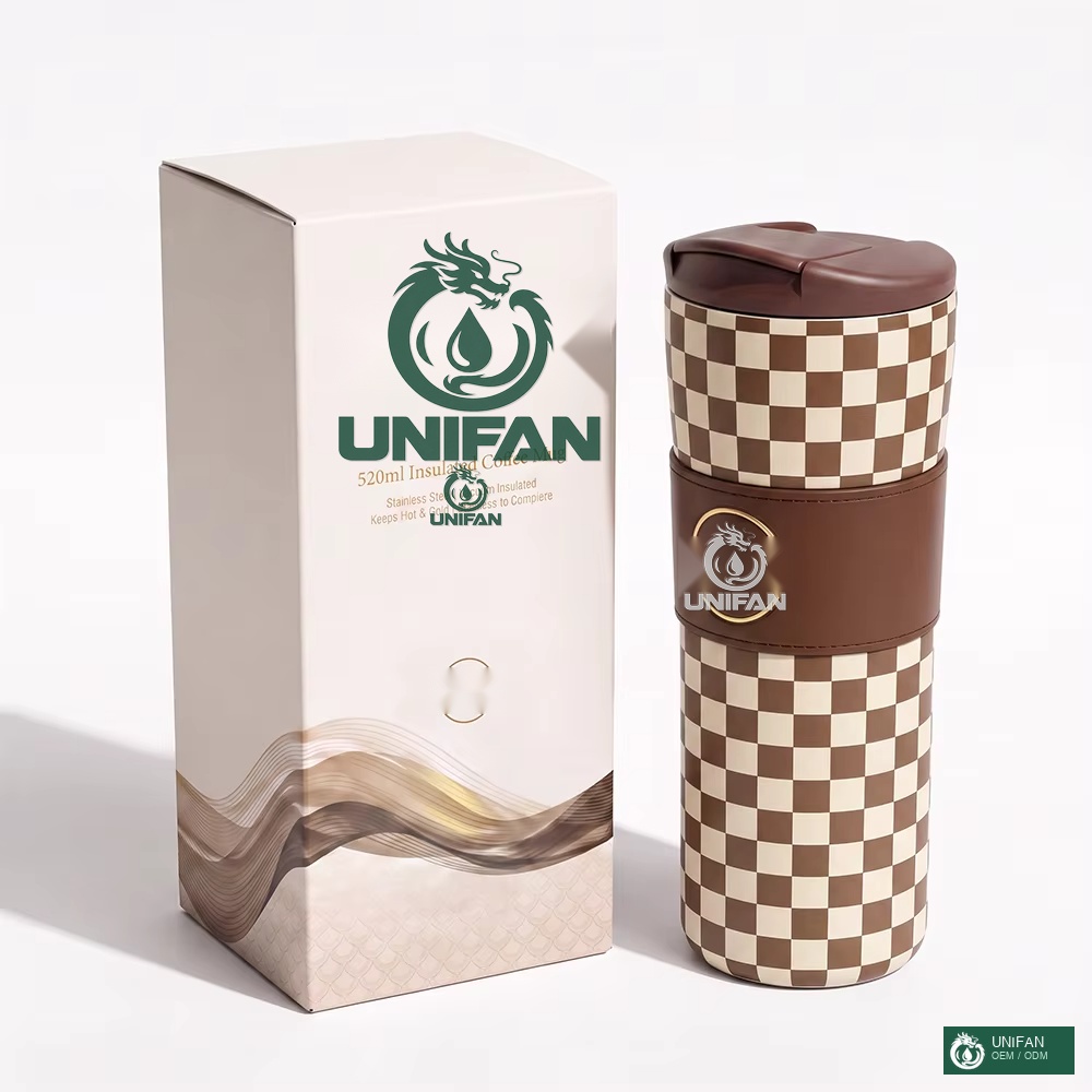 UNIFAN 520ml Double Wall Vacuum Insulated Coffee Mug Stainless Steel Tumbler with Leather Sleeve & Flip Top Lid, Custom Logo for Gift