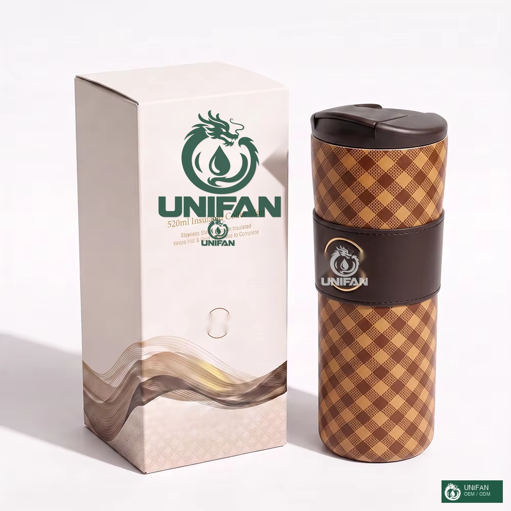UNIFAN 520ml Double Wall Vacuum Insulated Coffee Mug with Premium Leather Sleeve Flip Top Lid Travel Tumbler Custom Logo for Gift