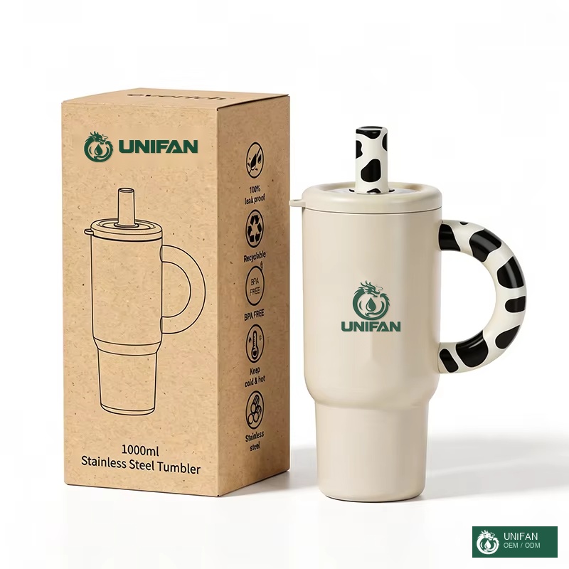 UNIFAN 40oz Stainless Steel Vacuum Insulated Tumbler with Tortoiseshell Acrylic Handle Leak Proof Tritan Straw Double Wall Travel Cup