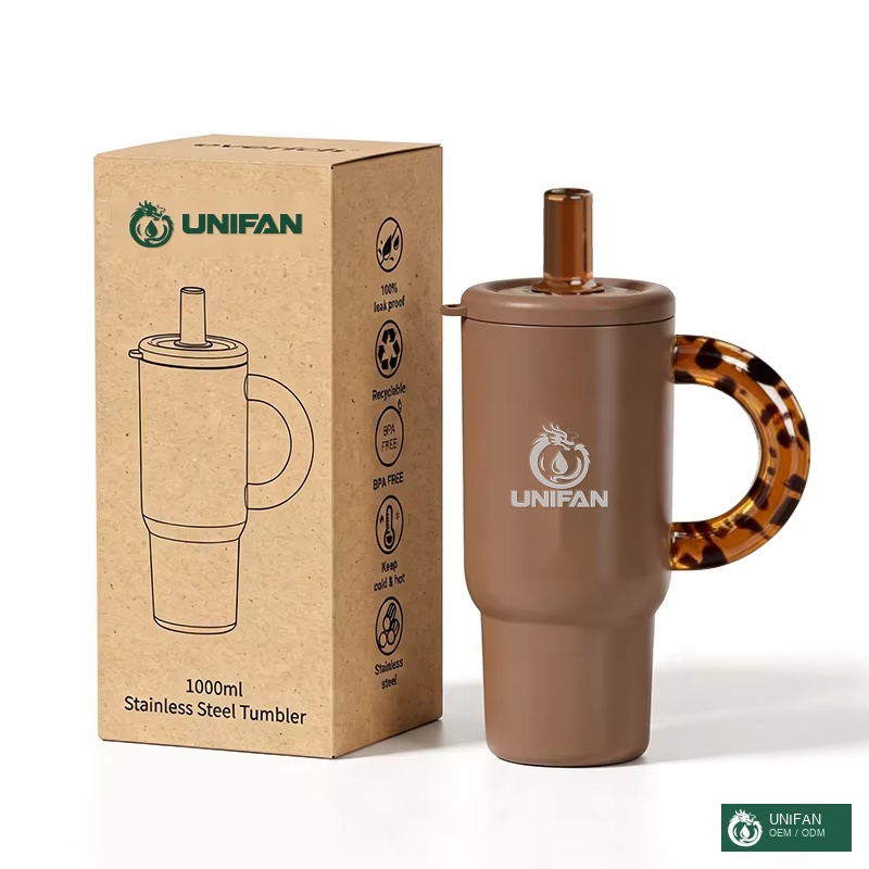 UNIFAN Stainless Steel Vacuum Insulated Tumbler 40oz with Tortoiseshell Acrylic Handle Leak Proof Tritan Straw Double Wall Travel Cup