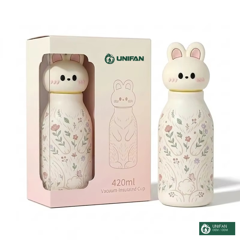 UNIFAN 420ml Kids Water Bottle with Cute Animal Silicone Lid 304 Stainless Steel Vacuum Insulated Leakproof BPA Free OEM ODM