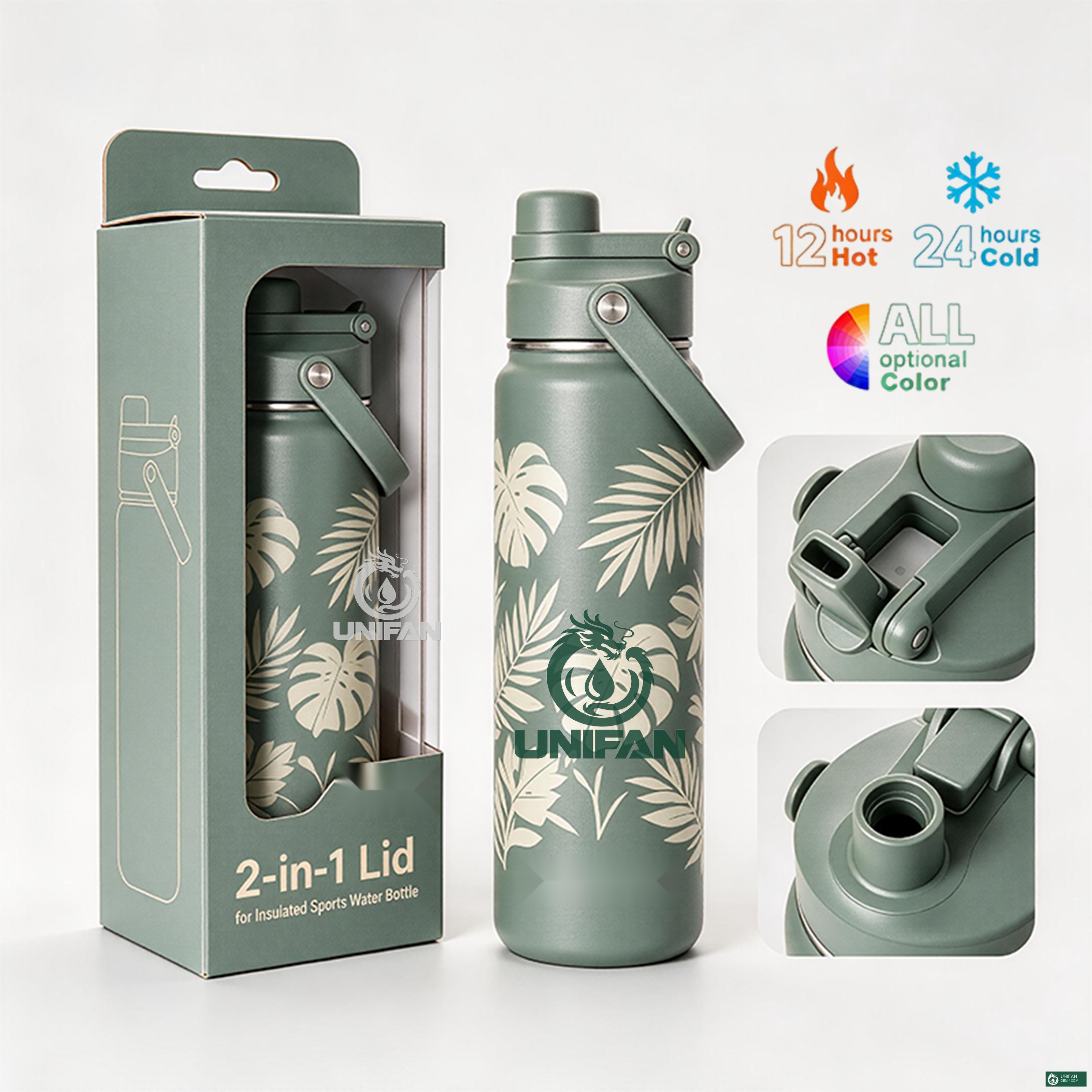 UNIFAN Stainless Steel Insulated Water Bottle 14oz-40oz 2-in-1 Straw Spout Lid Sports Travel Tumbler Custom Logo OEM ODM
