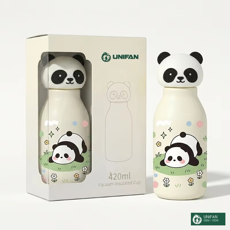 UNIFAN 350ml Kid Water Bottle 304 Stainless Steel Vacuum Insulated with Cute Animal Silicone Lid Leakproof BPA Free Custom Logo OEM ODM